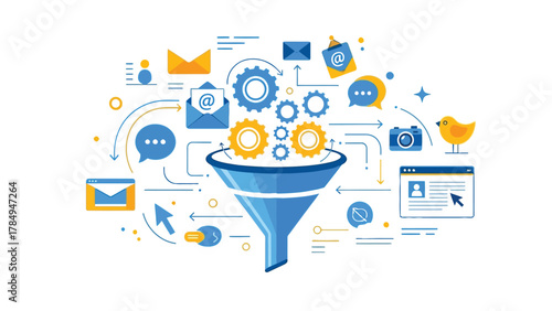 Abstract illustration of automated marketing workflow  email icons, chatbot bubbles, funnel shapes, gears connecting different digital tools, clean vector.