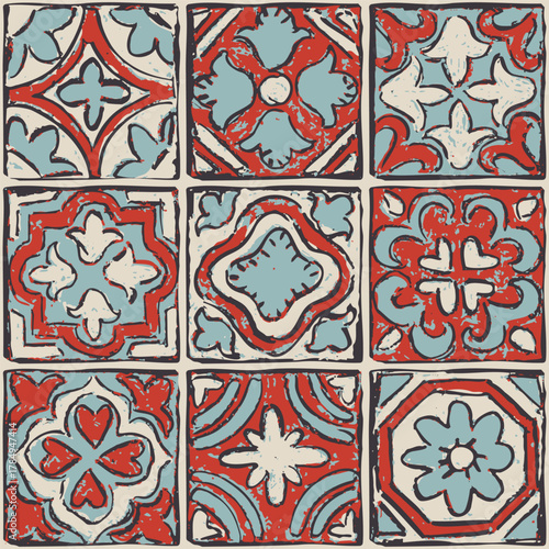 Seamless vintage tile pattern in red and blue tones. Hand drawn Mediterranean ornament with geometric details and textured surface. Vector illustration.