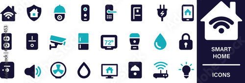 Modern smart home vector set featuring automation, IoT, and connected devices in flat and outline styles. Perfect for technology, energy, and home innovation projects.