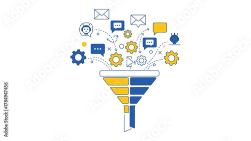 Abstract illustration of automated marketing workflow  email icons, chatbot bubbles, funnel shapes, gears connecting different digital tools, clean vector.