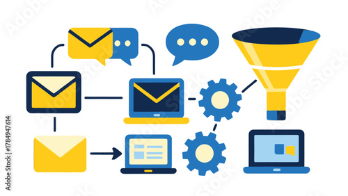 Abstract illustration of automated marketing workflow  email icons, chatbot bubbles, funnel shapes, gears connecting different digital tools, clean vector.