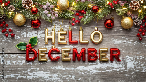 Hello December greeting with red gold Christmas decoration on old wooden background. Winter holidays concept.	