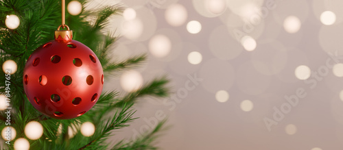 Red christmas pickleball ball ornament hanging on pine branch with festive bokeh lights background. 3d rendering