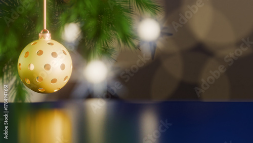 Christmas pickleball ball ornament hanging on tree branch with holiday lights background. 3d rendering
