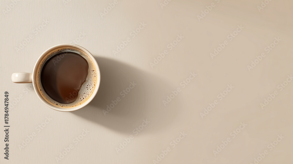 custom made wallpaper toronto digitalTop view of a single coffee cup on a beige background, minimalist flat lay design with soft natural light and simple aesthetic for modern lifestyle concept.