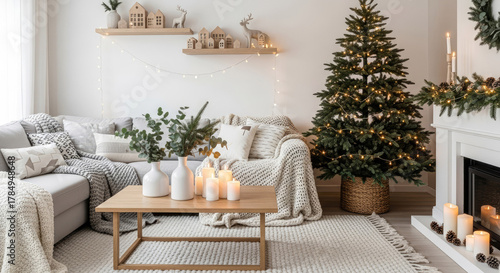 Modern Christmas festive interior design. Cozy Scandinavian style living room with decorated Christmas tree. Perfect for showcasing holiday photography.