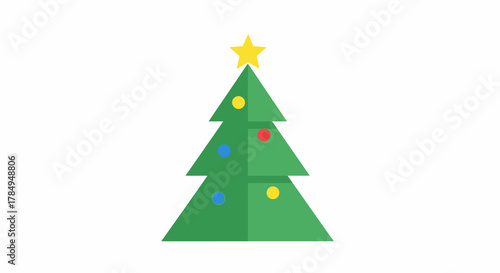Flat Design Simple Christmas Tree with Star and Ornament Decoration Icon
