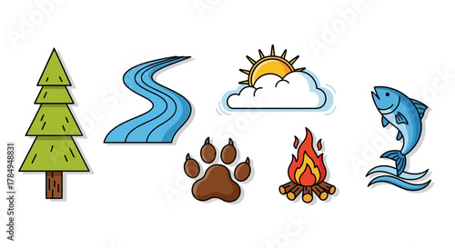 Cute Line Art Outdoor Camping Icon Set Element Symbol Illustration