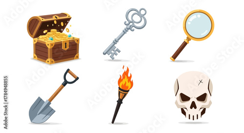 Cartoon Illustration of Treasure Hunting Elements and Adventure Assets for Game Design
