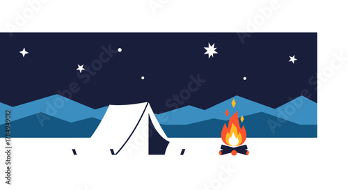 Flat Style Camping Illustration at Night with Tent and Bonfire Scene