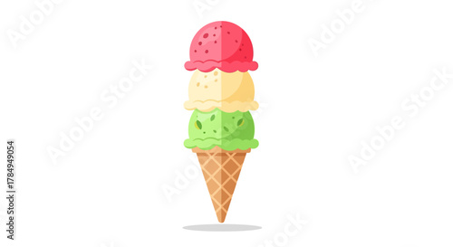 Simple Flat Style Ice Cream Cone with Three Different Flavors Dessert