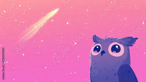 an owl's head looking up at a shooting star