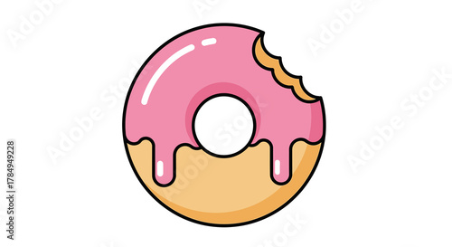 Cartoon Simple Donut with Pink Glaze and Bite Mark Food Icon