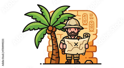 Flat Illustration Bearded Explorer Holding Treasure Map Next To Palm Tree