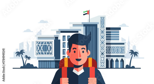 Flat Illustration of Tourist with Dubai Cityscape Building Architecture Landmark
