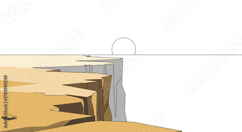 Simple Outline Cliff Landscape Illustration with a Rising Sun and Ocean View