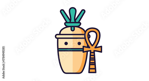 Cartoon Style Detailed Canopic Jar with Ankh Ancient Egyptian Symbol