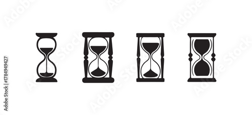 Black and White Hourglass Icons, Elegant Time Flow and Sand Clock Vector Set, vector illustration EPS 10.

