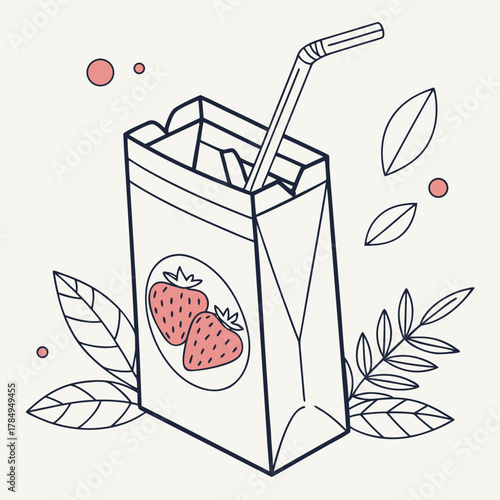 Juice box with strawberries and a straw surrounded by leaves