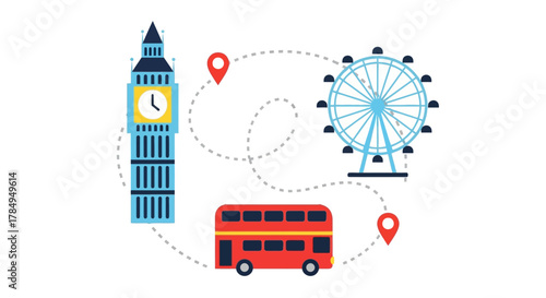Flat Design Iconic London City Landmarks Illustration, Big Ben, Eye, Bus
