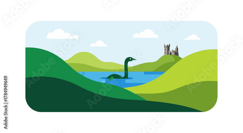 Flat Design Loch Ness Monster Illustration in Scottish Landscape Scenery