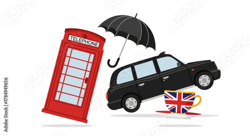Flat Funny London Culture Combination Illustration with Taxi, Umbrella and Telephone Booth