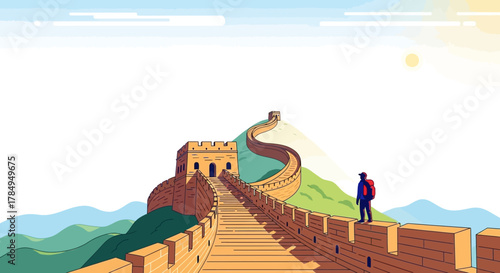 Minimalist Illustration of a Tourist Exploring The Great Wall Landmark