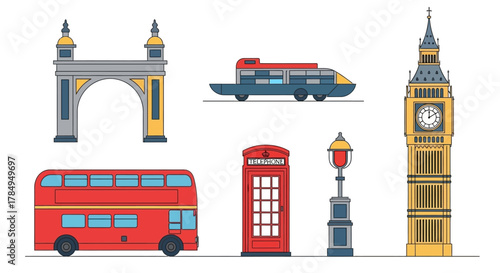 Line Art Detailed London Landmark and Transportation Icon Set Illustration