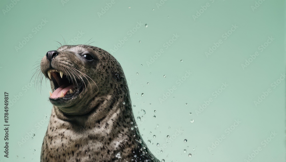 Fototapeta premium Grey Seal Displaying Teeth in Water with Green Background.