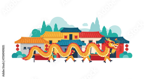 Flat Illustration Chinese Dragon Dance Performance In Front of Traditional Building