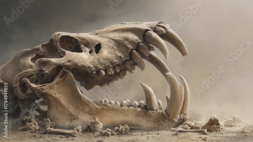 Extinct Dinosaur Skull in a Desert Landscape with Dust and Atmosphere