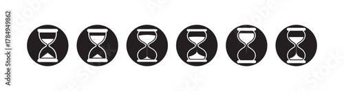 Black and White Hourglass Icons, Elegant Time Flow and Sand Clock Vector Set, vector illustration EPS 10.
