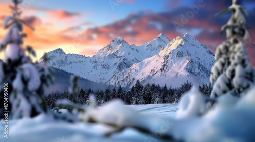 Majestic Snow-Covered Mountains at Sunset with a Vibrant Sky and Forest in the Foreground