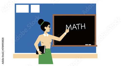 A teacher writes "MATH" on a blackboard while holding a book in a classroom setting.