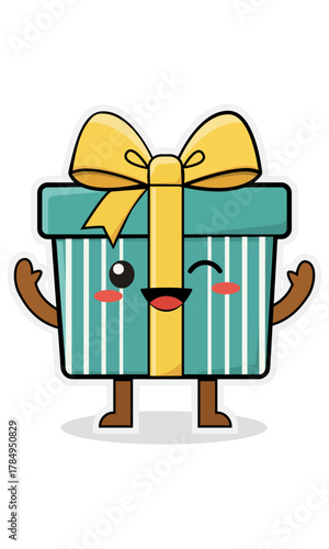  A turquoise striped gift box with a yellow bow, googly eyes and a tongue sticking out