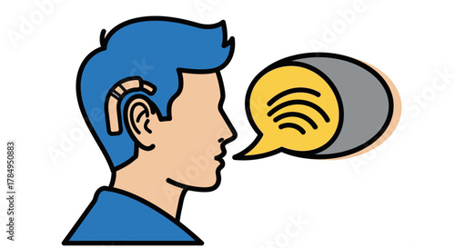 Illustration of a man with a hearing aid and a speech bubble.