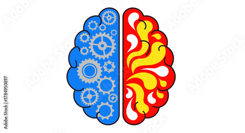 Brain illustration divided into logical gears on the left and creative flames on the right.