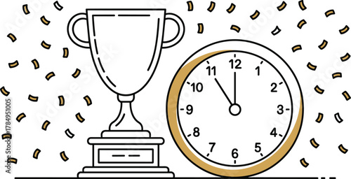 Success and Deadline Achievement Line Art with Trophy, Clock, and Confetti Vector