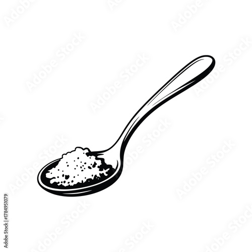 Black and white sketch of a spoon filled with granular material on a white background