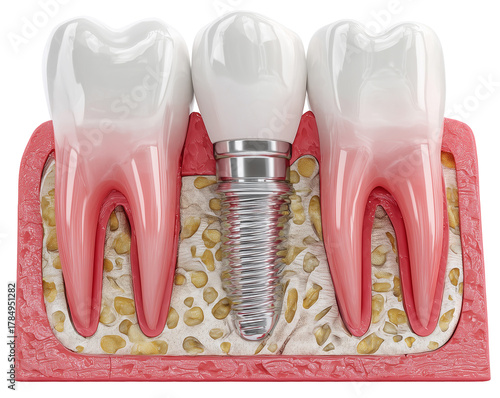Dental implant, artificial tooth roots into jaw isolated on white background PNG transparent clipart.
