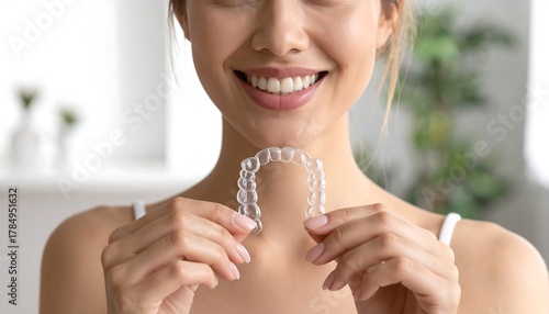 Woman holding Invisalign aligner, smiling with perfect white teeth in close-up shot