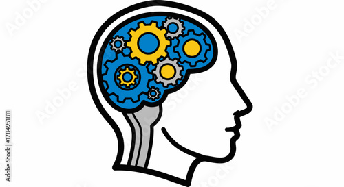 Head silhouette filled with gears, representing thought, ideas, and mental processes.