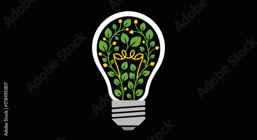 Lightbulb filled with green leaves and yellow flowers, symbolizing eco-friendly energy and sustainable innovation.