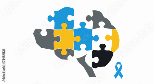 Brain illustration composed of puzzle pieces in various colors, with a blue awareness ribbon at the bottom.