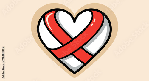 A heart-shaped icon with a red ribbon crossing over it, symbolizing love and support.