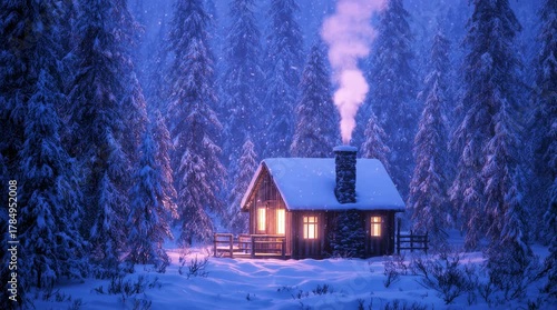 Remote winter cabin with smoke rising from chimney, surrounded by snow and pine forest