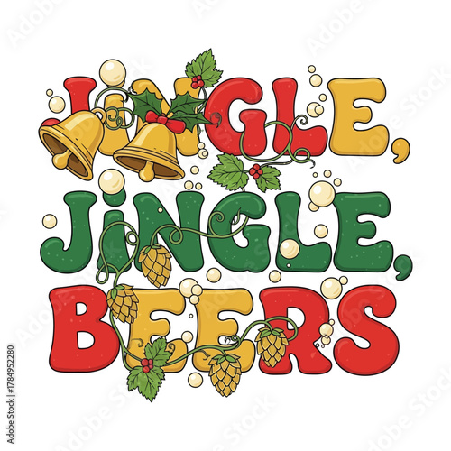 Jingle beers funny Christmas typography design in beer bottle shape with bells, hops, and bubbles in playful cartoon vector style