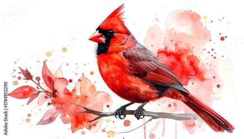 Watercolor painting of a vibrant red cardinal bird perched on a branch