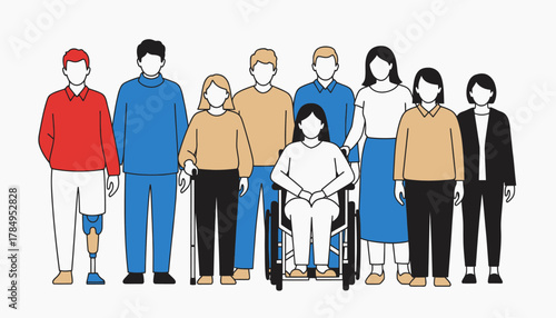 Diverse group of people standing together, including individuals with disabilities, promoting inclusivity.