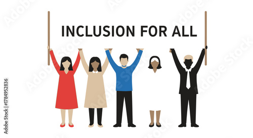 Diverse group of people holding up a banner promoting inclusion for everyone.